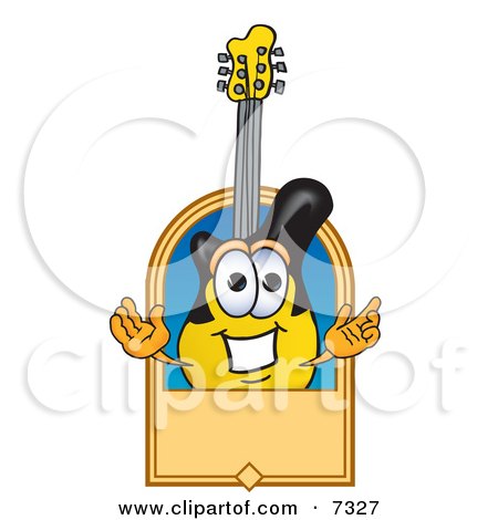 Clipart Picture of a Guitar Mascot Cartoon Character With a Blank Tan Label by Mascot Junction