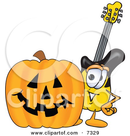 Clipart Picture of a Guitar Mascot Cartoon Character With a Carved Halloween Pumpkin by Mascot Junction