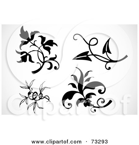 Royalty-Free (RF) Clipart Illustration of a Digital Collage Of Four Black And White Leaves On Branches by BestVector