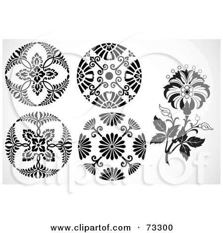 Royalty-Free (RF) Clipart Illustration of a Digital Collage Of Five Black And White Floral Circles by BestVector