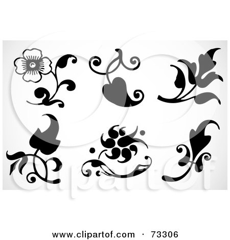 Royalty-Free (RF) Clipart Illustration of a Digital Collage Of Black Leaf And Flower Silhouettes by BestVector