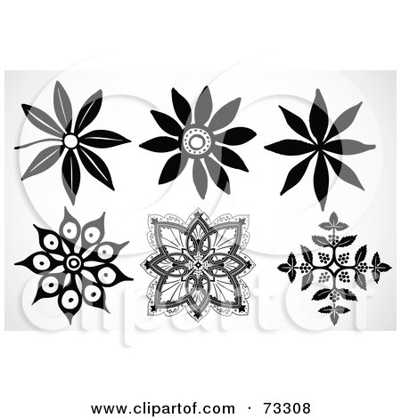 Royalty-Free (RF) Clipart Illustration of a Digital Collage Of Six Floral Black And White Elements by BestVector