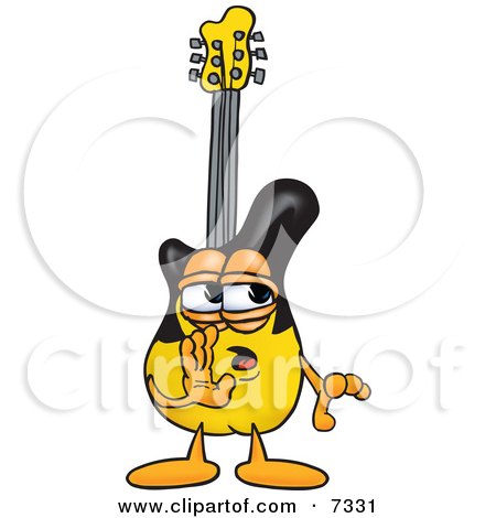 Clipart Picture of a Guitar Mascot Cartoon Character Whispering and Gossiping by Mascot Junction