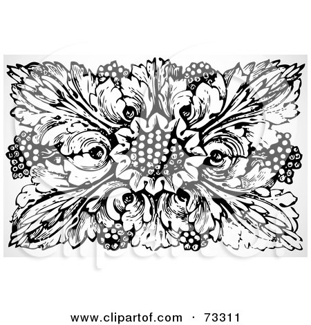 Royalty-Free (RF) Clipart Illustration of a Black And White Ornate Vintage Floral And Leafy Element by BestVector
