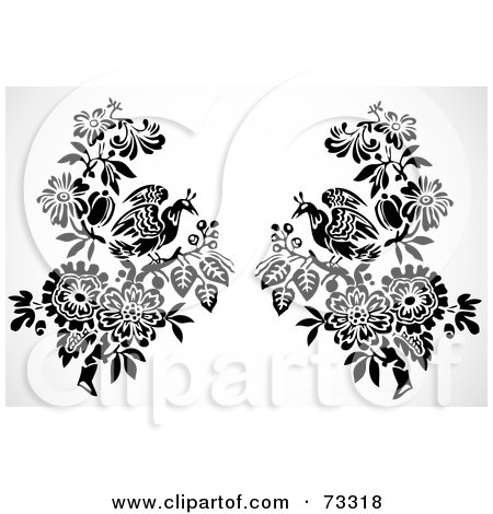 Royalty-Free (RF) Clipart Illustration of a Digital Collage Of Two Mirrored Black And White Birds On Flowers by BestVector