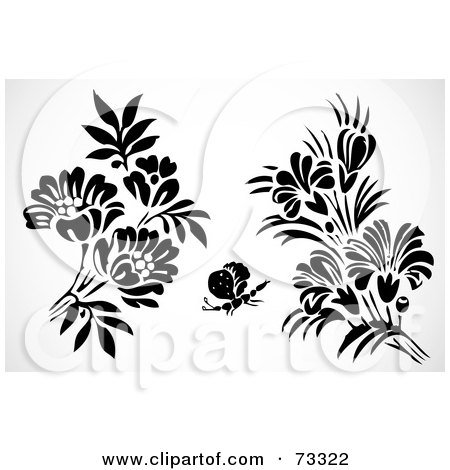 Royalty-Free (RF) Clipart Illustration of a Digital Collage Of Black And White Bold Bouquets And A Butterfly by BestVector
