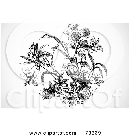 Royalty-Free (RF) Clipart Illustration of a Black And White Garden Scene With A Butterfly by BestVector