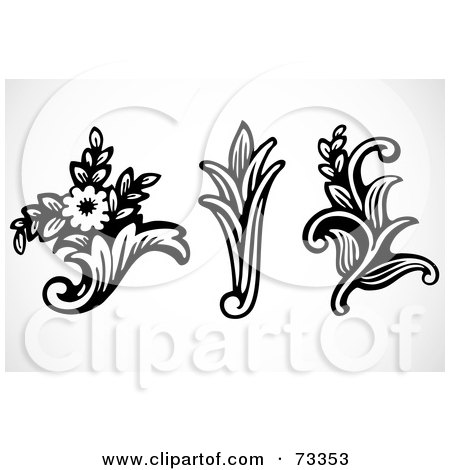 Royalty-Free (RF) Clipart Illustration of a Digital Collage Of Three Black And White Bouquet And Leaf Elements by BestVector