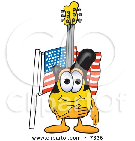 Clipart Picture of a Guitar Mascot Cartoon Character Pledging Allegiance to an American Flag by Mascot Junction