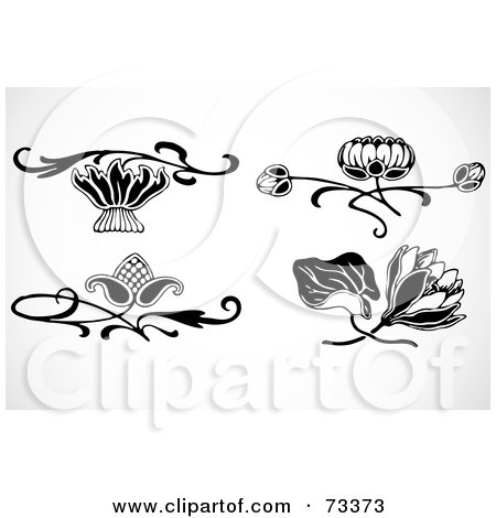 Royalty-Free (RF) Clipart Illustration of a Digital Collage Of Black And White Lotus And Other Flower Elements by BestVector