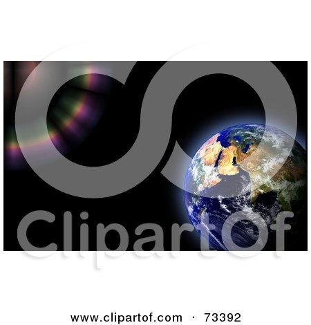 Royalty-Free (RF) Clipart Illustration of a Flare Shining Down On Earth Over Black by oboy