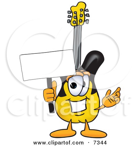 Clipart Picture of a Guitar Mascot Cartoon Character Holding a Blank Sign by Mascot Junction