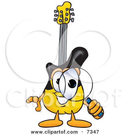 Clipart Picture of a Guitar Mascot Cartoon Character Looking Through a Magnifying Glass by Mascot Junction