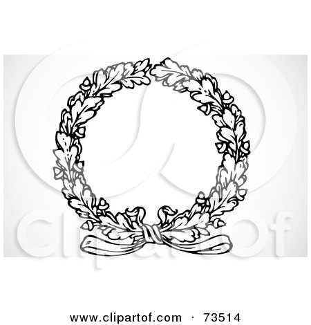 Royalty-Free (RF) Clipart Illustration of a Black And White Oak Leaf Wreath With A Bow by BestVector