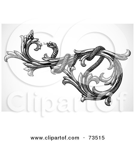 Royalty-Free (RF) Clipart Illustration of a Black And White Snake Coiled Around A Floral Scroll by BestVector