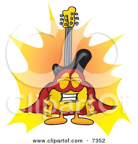 Clipart Picture of a Guitar Mascot Cartoon Character Dressed as a Super Hero by Mascot Junction