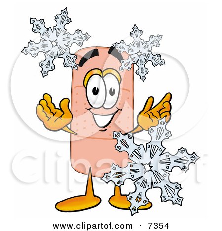 Clipart Picture of a Bandaid Bandage Mascot Cartoon Character With Three Snowflakes in Winter by Mascot Junction