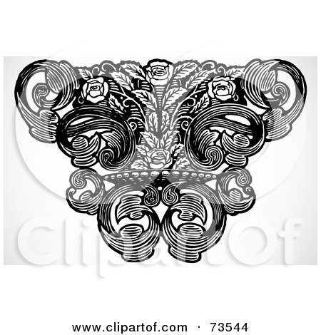 Royalty-Free (RF) Clipart Illustration of a Black And White Vintage Ornate Rose And Scroll Design Element by BestVector