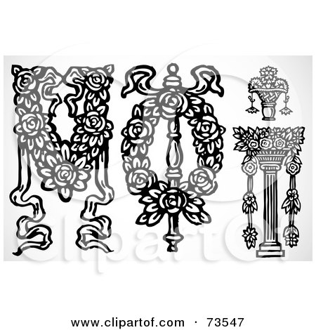 Royalty-Free (RF) Clipart Illustration of a Digital Collage Of Black And White Floral Rose Wedding Elements by BestVector