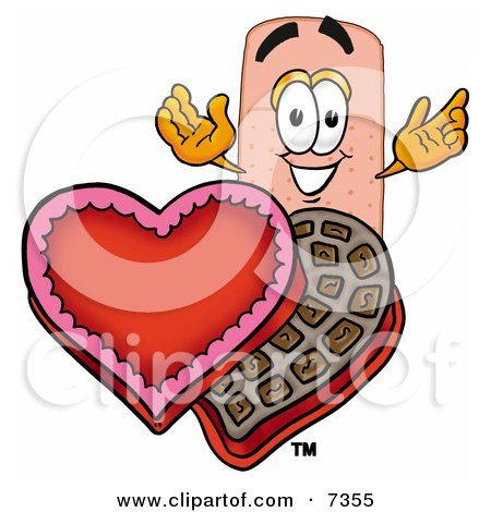 Clipart Picture of a Bandaid Bandage Mascot Cartoon Character With an Open Box of Valentines Day Chocolate Candies by Mascot Junction