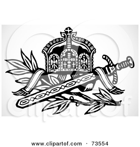 Royalty-Free (RF) Clipart Illustration of a Black And White Sword With A Branch And Crown by BestVector