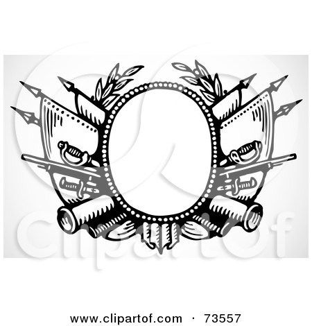 Royalty-Free (RF) Clipart Illustration of a Black And White Blank Text Box With Swords by BestVector