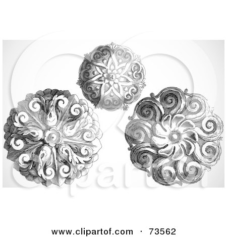Royalty-Free (RF) Clipart Illustration of a Digital Collage Of Three Elegant Black And White Floral Woodcut Circles by BestVector