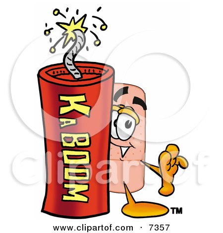 Clipart Picture of a Bandaid Bandage Mascot Cartoon Character Standing With a Lit Stick of Dynamite by Mascot Junction