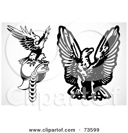 Royalty-Free (RF) Clipart Illustration of a Digital Collage Of Black And White Eagles, One On A Helmet by BestVector