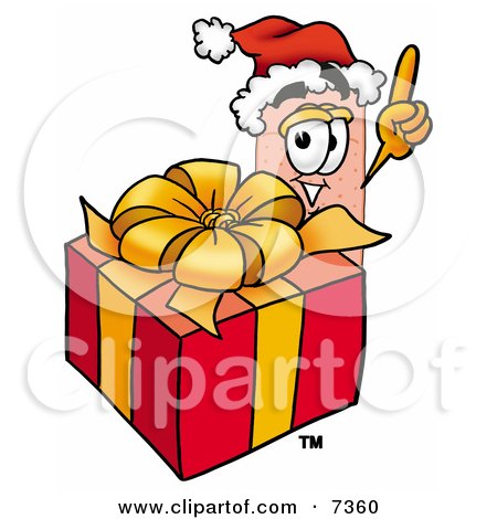 Clipart Picture of a Bandaid Bandage Mascot Cartoon Character Standing by a Christmas Present by Mascot Junction