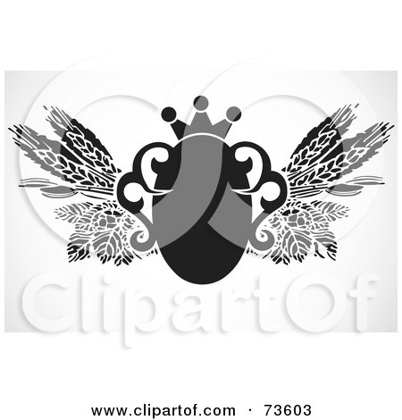Royalty-Free (RF) Clipart Illustration of a Black And White Shield And Crown Ornament With Leaves And Wheat by BestVector