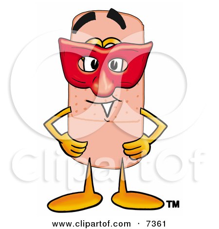 Clipart Picture of a Bandaid Bandage Mascot Cartoon Character Wearing a Red Mask Over His Face by Mascot Junction