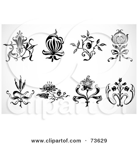 Royalty-Free (RF) Clipart Illustration of a Digital Collage Of Eight Floral Black And White Elements by BestVector