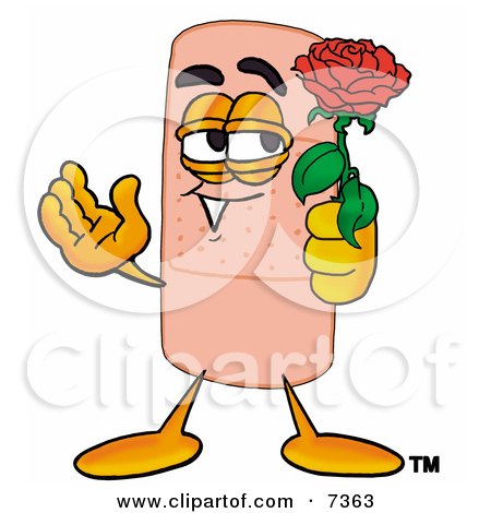 Clipart Picture of a Bandaid Bandage Mascot Cartoon Character Holding a Red Rose on Valentines Day by Mascot Junction