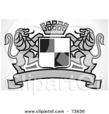 Royalty-Free (RF) Clipart Illustration of a Black And White Heraldic Lion Crest With A Shield, Crown And Banner - Version 2 by BestVector