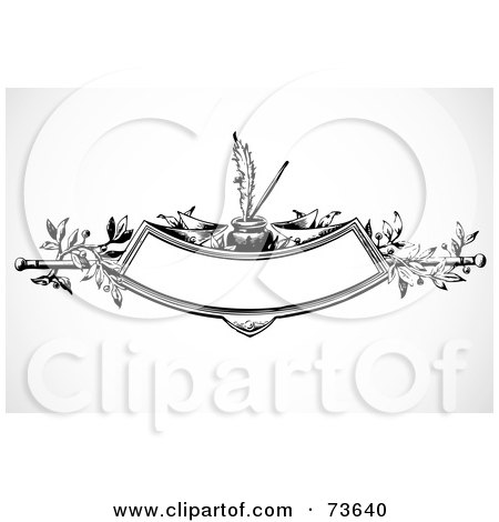 Royalty-Free (RF) Clipart Illustration of a Black And White Banner Under A Vine With A Feather And Ink by BestVector