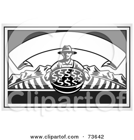Royalty-Free (RF) Clipart Illustration of a Black And White Banner Over A Farmer With A Basket Of Dollar Symbols by BestVector
