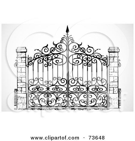 Royalty-Free (RF) Clipart Illustration of a Black And White Wrought Iron Gate by BestVector