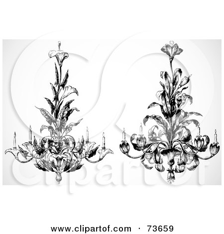 Royalty-Free (RF) Clipart Illustration of a Digital Collage Of Ornate Black And White Calla And Day Lily Chandeliers by BestVector