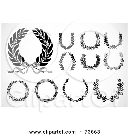 Royalty-Free (RF) Clipart Illustration of a Digital Collage Of Black And White Olive Laurels And Wreaths by BestVector