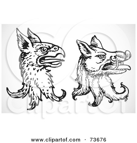 Royalty-Free (RF) Clipart Illustration of a Digital Collage Of A Black And White Gryphon And Boar by BestVector