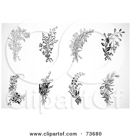 Royalty-Free (RF) Clipart Illustration of a Digital Collage Of Black And White Floral Sprigs And Bouquets by BestVector