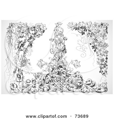 Royalty-Free (RF) Clipart Illustration of a Black And White Vintage Ornate Floral Background by BestVector