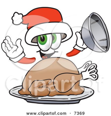Clipart Picture of a Santa Claus Mascot Cartoon Character Serving a Thanksgiving Turkey on a Platter by Mascot Junction
