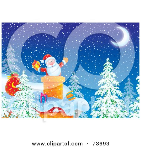 Royalty-Free (RF) Clipart Illustration of Santa Popping Out Of A Chimney On A Snowy Christmas Eve Night by Alex Bannykh