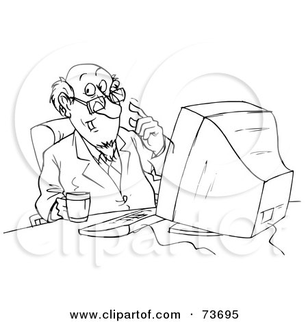 Royalty-Free (RF) Clipart Illustration of a Black And White Outline Of A Businessman Drinking Coffee At His Computer by Alex Bannykh