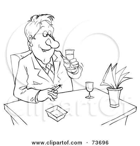 Royalty-Free (RF) Clipart Illustration of a Black And White Outline Of A Man Smoking And Drinking by Alex Bannykh