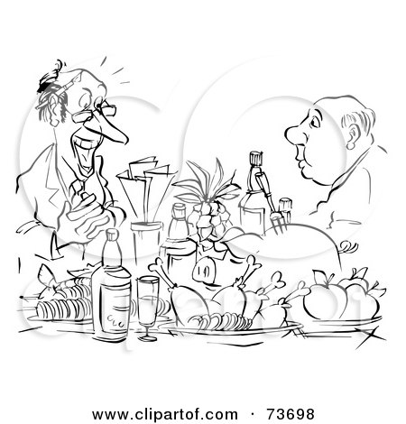 Royalty-Free (RF) Clipart Illustration of a Black And White Outline Of Men With A Feast by Alex Bannykh