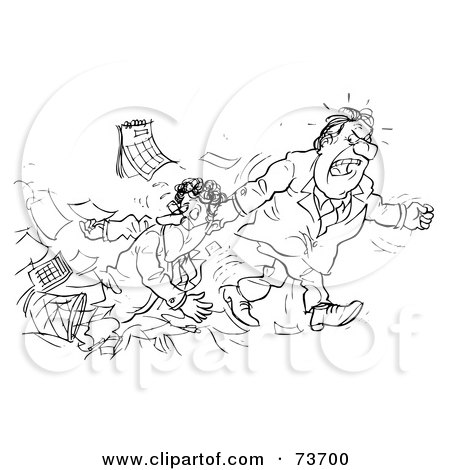 Royalty-Free (RF) Clipart Illustration of a Black And White Outline Of A Mad Boss Dragging His Employee by Alex Bannykh