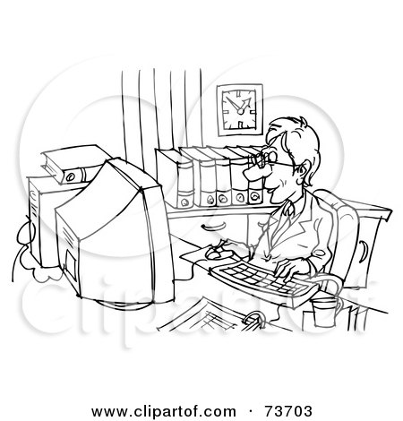 Royalty-Free (RF) Clipart Illustration of a Black And White Outline Of A Man Typing by Alex Bannykh